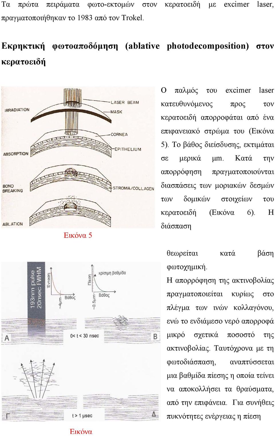 Το βάθος διείσδυσης, εκτιµάται σε µερικά µm. Κατά την απορρόφηση πραγµατοποιούνται διασπάσεις των µοριακών δεσµών των δοµικών στοιχείων του κερατοειδή (Εικόνα 6).