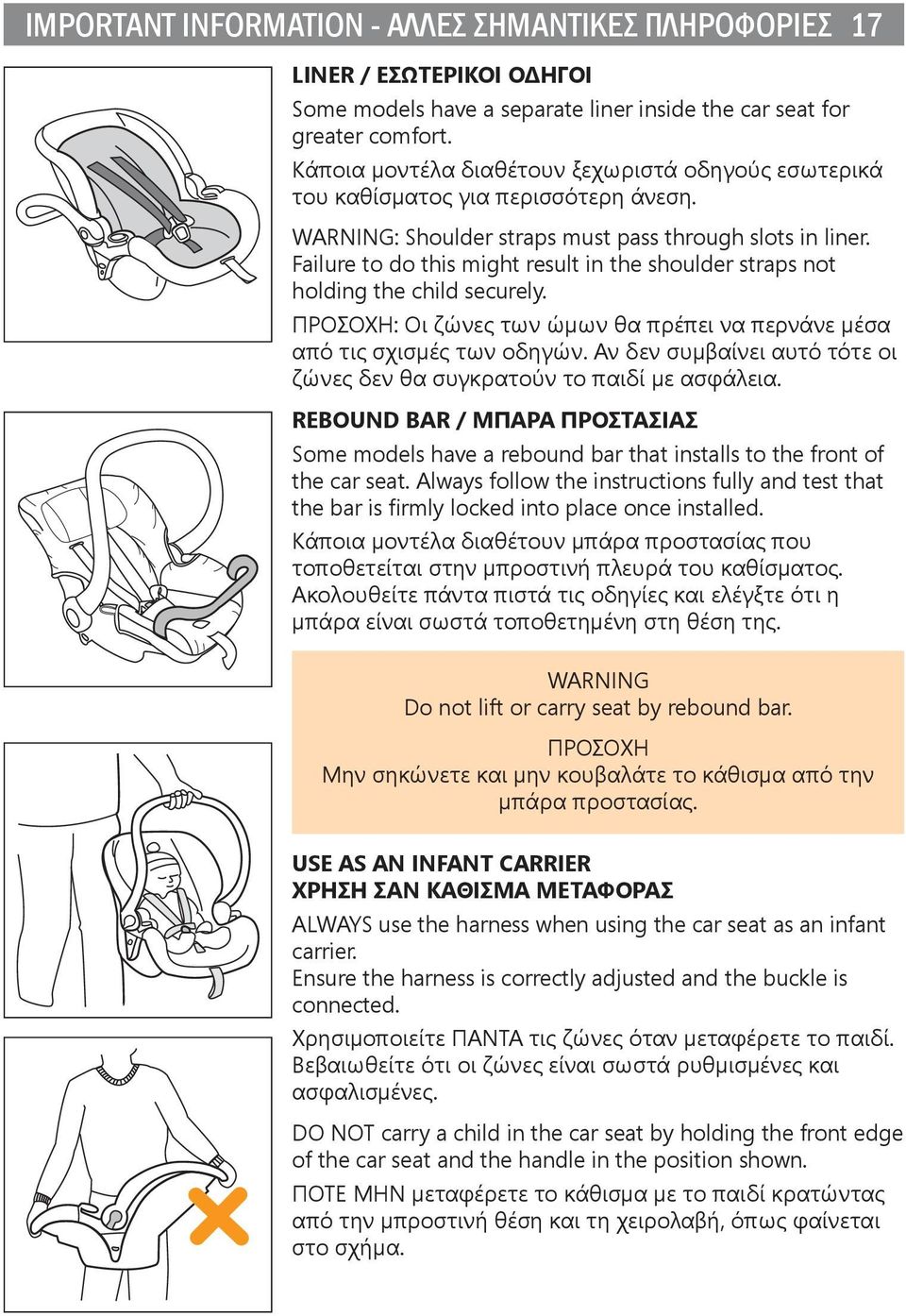 Failure to do this might result in the shoulder straps not holding the child securely. ΠΡΟΣΟΧΗ: Οι ζώνες των ώμων θα πρέπει να περνάνε μέσα από τις σχισμές των οδηγών.