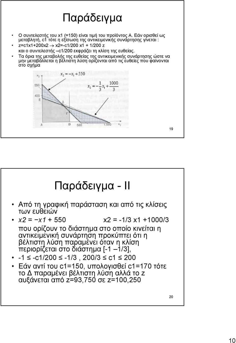 Τα όρια της µεταβολής της ευθείας της αντικειµενικής συνάρτησης ώστε να µην µεταβάλλεται η βέλτιστη λύση ορίζονται από τις ευθείες που φαίνονται στο σχήµα 19 Παράδειγµα - ΙΙ