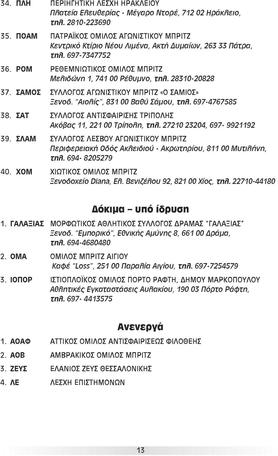ΣΑΜΟΣ ΣΥΛΛΟΓΟΣ ΑΓΩΝΙΣΤΙΚΟΥ ΜΠΡΙΤΖ «Ο ΣΑΜΙΟΣ» Ξενοδ. Αιολίς, 831 00 Βαθύ Σάμου, τηλ. 697-4767585 38. ΣΑΤ ΣΥΛΛΟΓΟΣ ΑΝΤΙΣΦΑΙΡΙΣΗΣ ΤΡΙΠΟΛΗΣ Ακόβας 11, 221 00 Τρίπολη, τηλ. 27210 23204, 697-9921192 39.