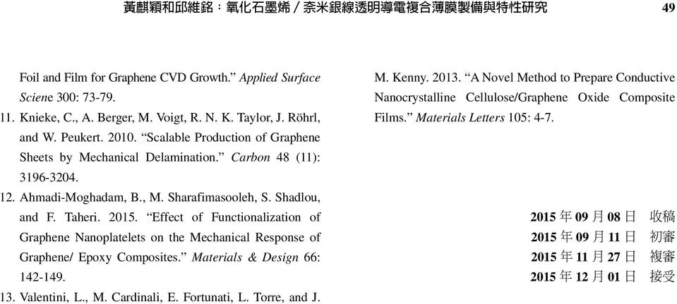 Effect of Functionalization of Graphene Nanoplatelets on the Mechanical Response of Graphene/ Epoxy Composites. Materials & Design 66: 142-149. 13. Valentini, L., M. Cardinali, E.