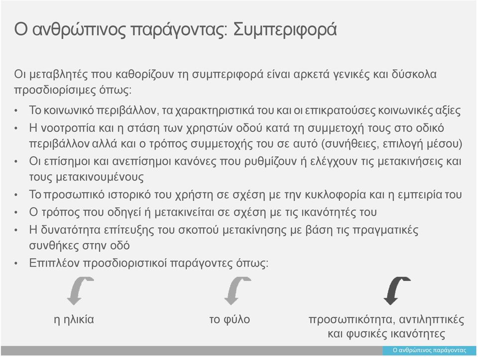 ανεπίσημοι κανόνες που ρυθμίζουν ή ελέγχουν τις μετακινήσεις και τους μετακινουμένους Το προσωπικό ιστορικό του χρήστη σε σχέση με την κυκλοφορία και η εμπειρία του Ο τρόπος που οδηγεί ή μετακινείται