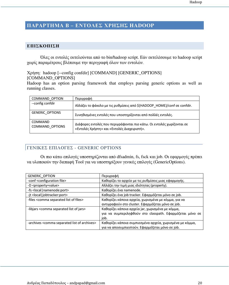 COMMAND_OPTION --config confdir GENERIC_OPTIONS COMMAND COMMAND_OPTIONS Περιγραφή Αλλάζει το φάκελο με τις ρυθμίσεις από ${HADOOP_HOME/conf σε confdir.