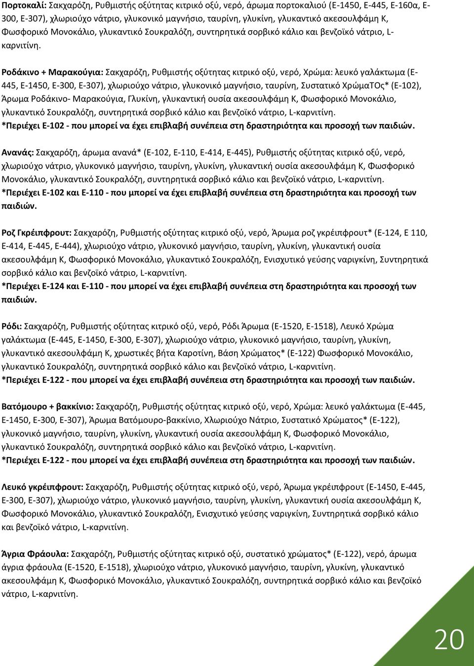 Ροδάκινο + Μαρακούγια: Σακχαρόζη, Ρυθμιστής οξύτητας κιτρικό οξύ, νερό, Χρώμα: λευκό γαλάκτωμα (Ε- 445, Ε-1450, Ε-300, Ε-307), χλωριούχο νάτριο, γλυκονικό μαγνήσιο, ταυρίνη, Συστατικό ΧρώμαΤΟς*