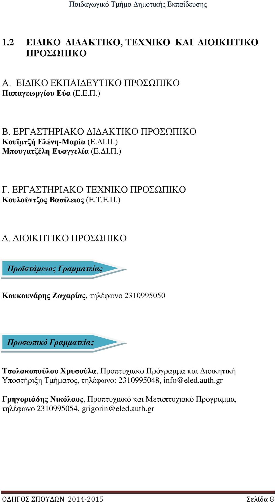 ΔΙΟΙΚΗΤΙΚΟ ΠΡΟΣΩΠΙΚΟ Προϊστάμενος Γραμματείας Κουκουνάρης Ζαχαρίας, τηλέφωνο 2310995050 Προσωπικό Γραμματείας Τσολακοπούλου Χρυσούλα, Προπτυχιακό Πρόγραμμα και