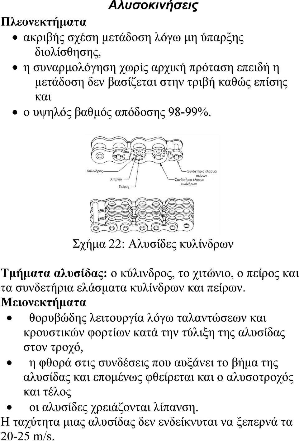 Σχήμα 22: Αλυσίδες κυλίνδρων Τμήματα αλυσίδας: ο κύλινδρος, το χιτώνιο, ο πείρος και τα συνδετήρια ελάσματα κυλίνδρων και πείρων.