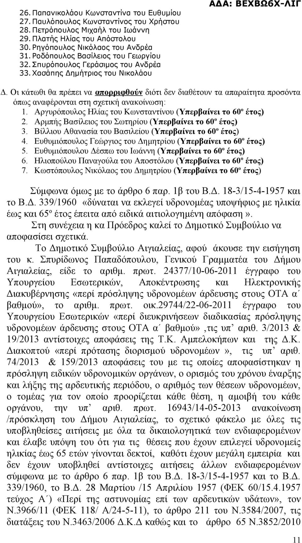 Οι κάτωθι θα πρέπει να απορριφθούν διότι δεν διαθέτουν τα απαραίτητα προσόντα όπως αναφέρονται στη σχετική ανακοίνωση: 1. Αργυρόπουλος Ηλίας του Κωνσταντίνου (Υπερβαίνει το 60 ο έτος) 2.