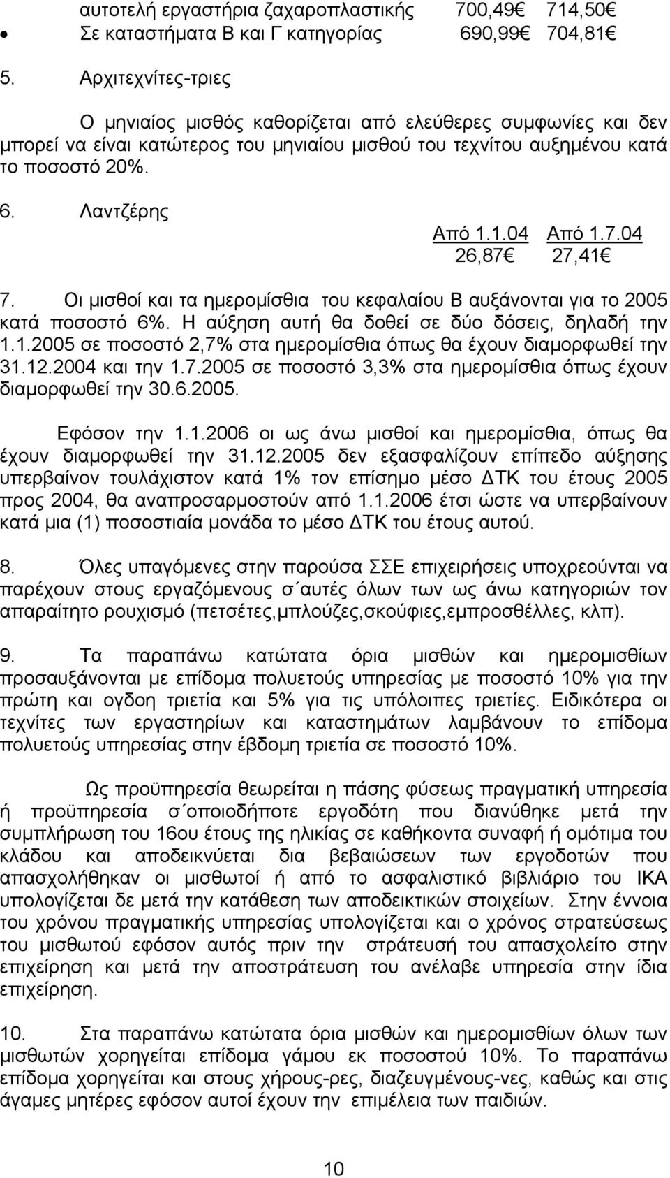 7.04 26,87 27,41 7. Οι µισθοί και τα ηµεροµίσθια του κεφαλαίου Β αυξάνονται για το 2005 κατά ποσοστό 6%. Η αύξηση αυτή θα δοθεί σε δύο δόσεις, δηλαδή την 1.1.2005 σε ποσοστό 2,7% στα ηµεροµίσθια όπως θα έχουν διαµορφωθεί την 31.