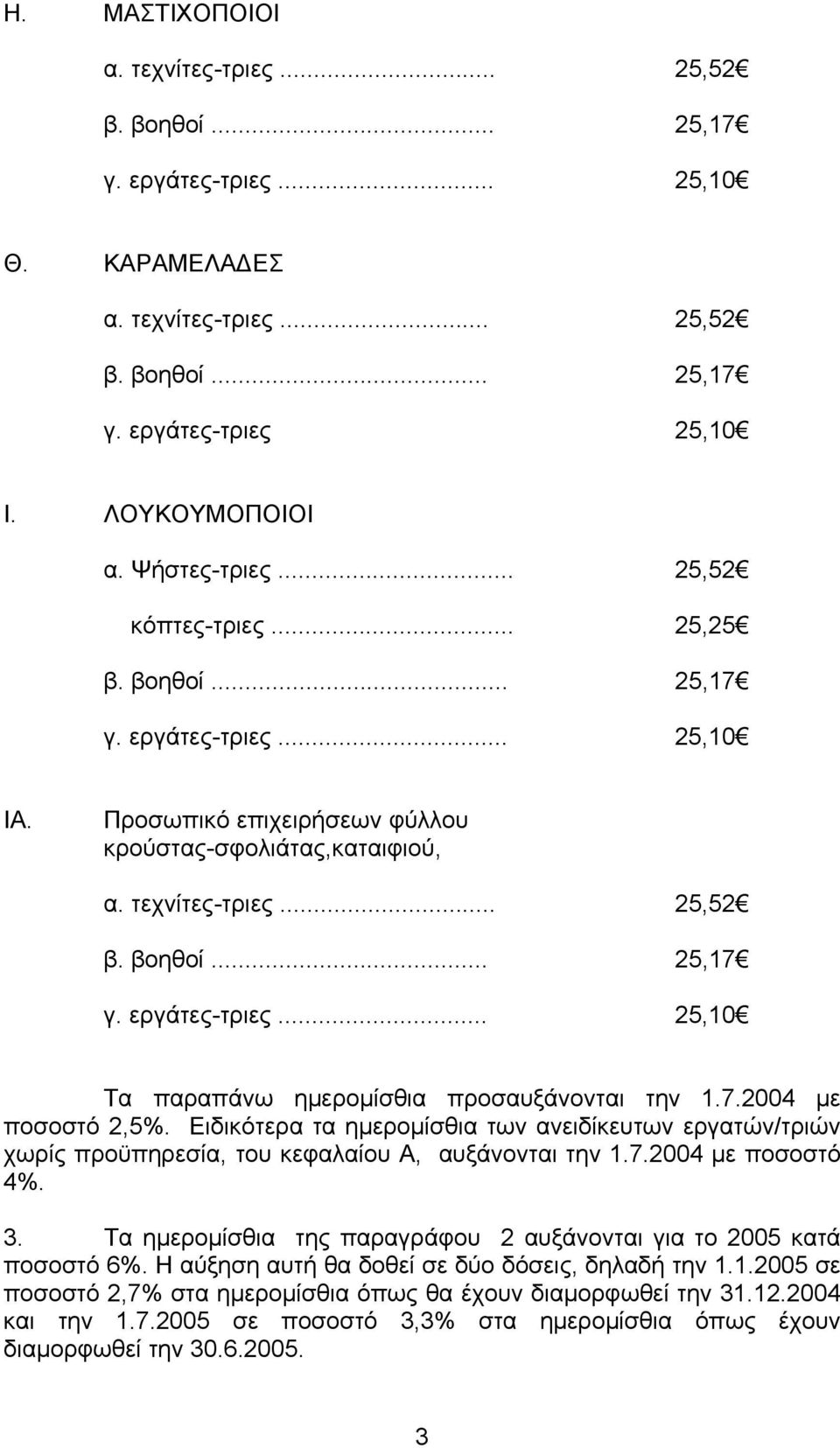 7.2004 µε ποσοστό 2,5%. Ειδικότερα τα ηµεροµίσθια των ανειδίκευτων εργατών/τριών χωρίς προϋπηρεσία, του κεφαλαίου Α, αυξάνονται την 1.7.2004 µε ποσοστό 4%. 3.