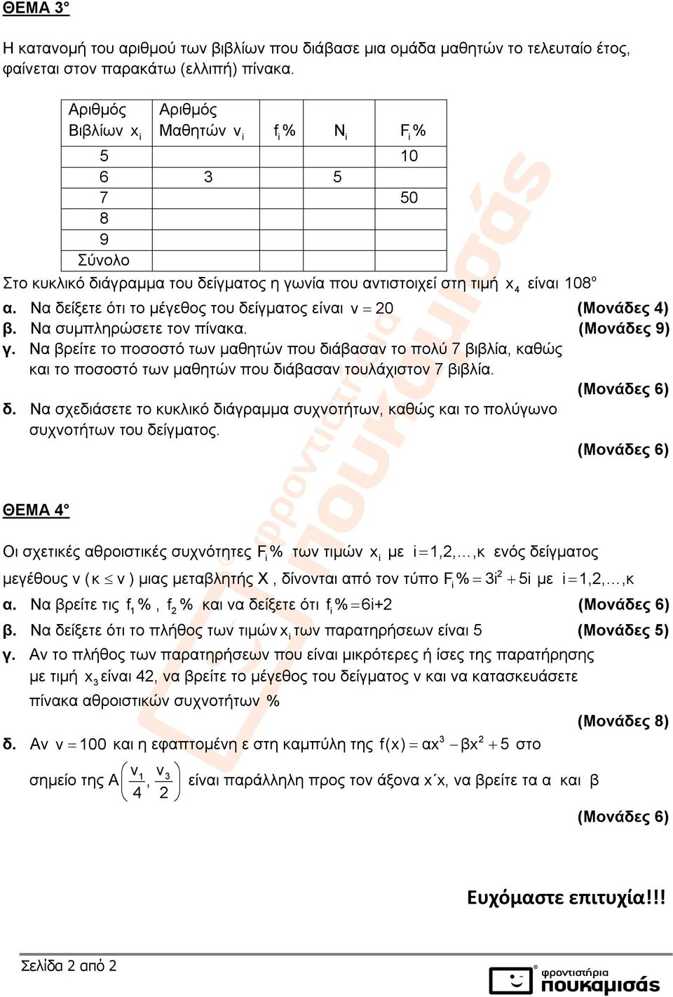 Να δείξετε ότι το μέγεθος του δείγματος είναι v β. Να συμπληρώσετε τον πίνακα. (Μονάδες 9) γ.