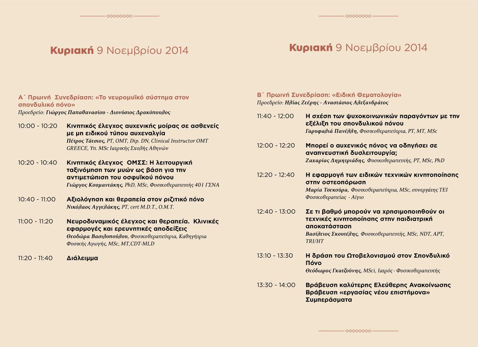 MSc Ιατρικής Σχολής Αθηνών 10:20-10:40 Κινητικός έλεγχος ΟΜΣΣ: Η λειτουργική ταξινόμηση των μυών ως βάση για την αντιμετώπιση του οσφυϊκού πόνου Γιώργος Κουμαντάκης, PhD, MSc, Φυσικοθεραπευτής 401