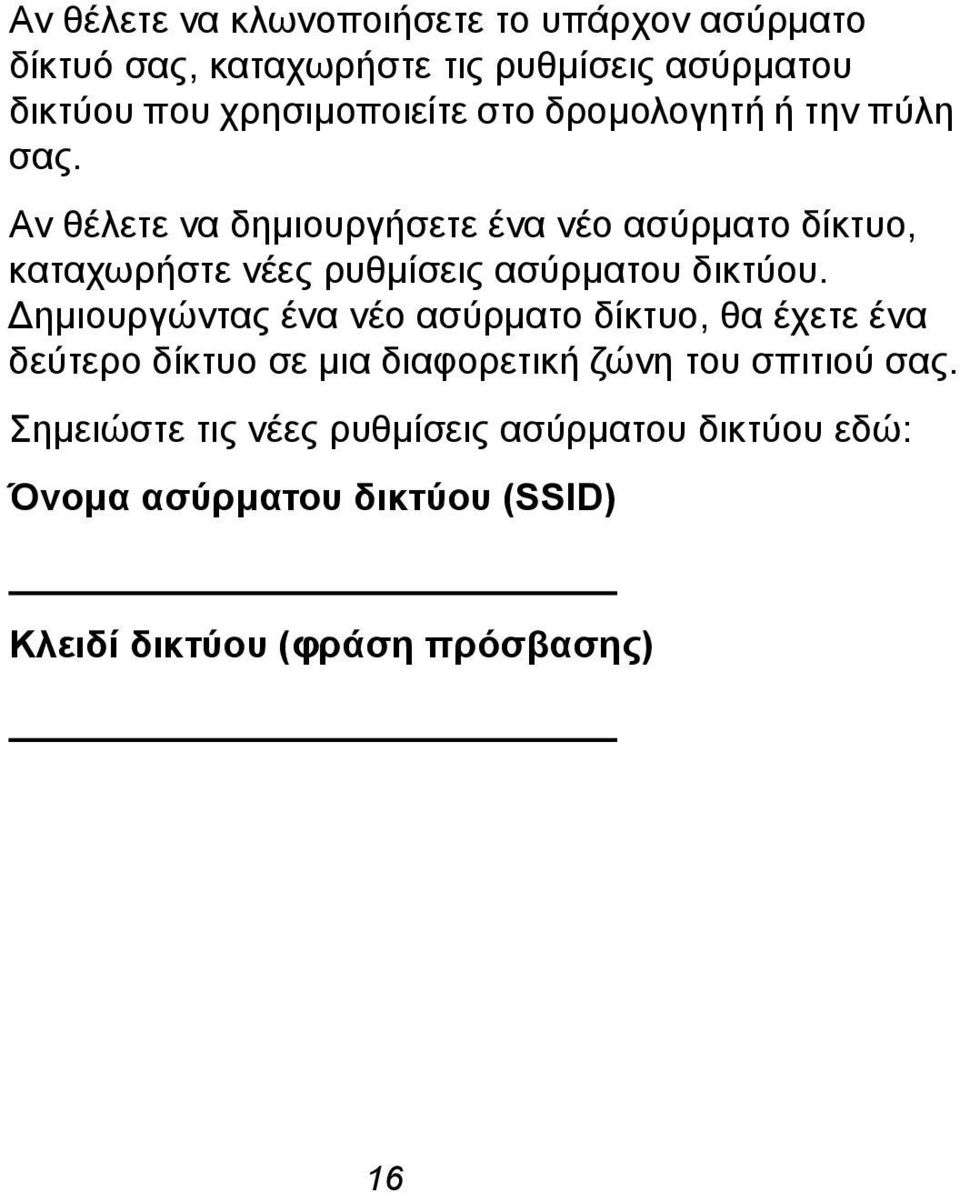 Αν θέλετε να δημιουργήσετε ένα νέο ασύρματο δίκτυο, καταχωρήστε νέες ρυθμίσεις ασύρματου δικτύου.