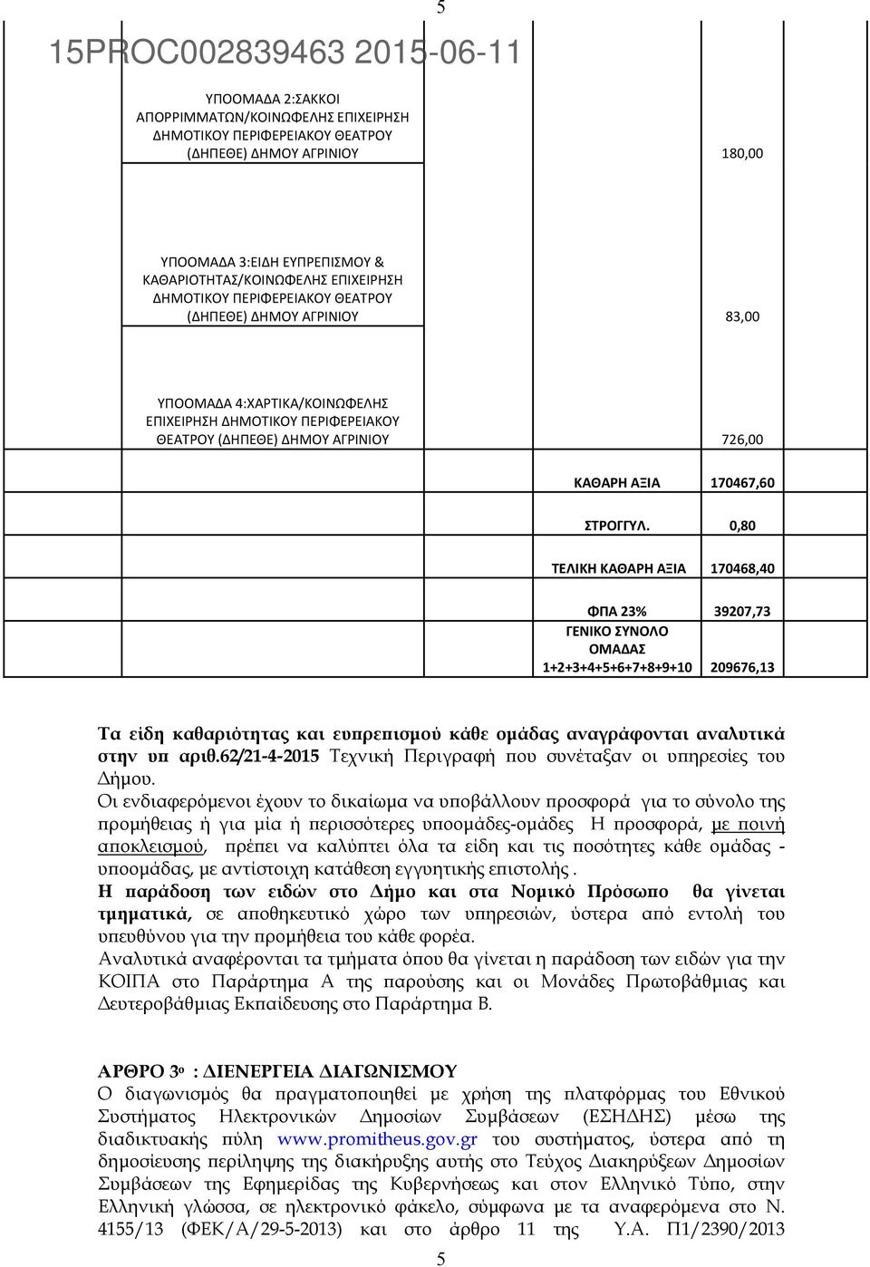 0,80 ΤΕΛΙΚΗ ΚΑΘΑΡΗ ΑΞΙΑ 170468,40 ΦΠΑ 23% 39207,73 ΓΕΝΙΚΟ ΣΥΝΟΛΟ ΟΜΑΔΑΣ 1+2+3+4+5+6+7+8+9+10 209676,13 Τα είδη καθαριότητας και ευϖρεϖισµού κάθε οµάδας αναγράφονται αναλυτικά στην υϖ αριθ.