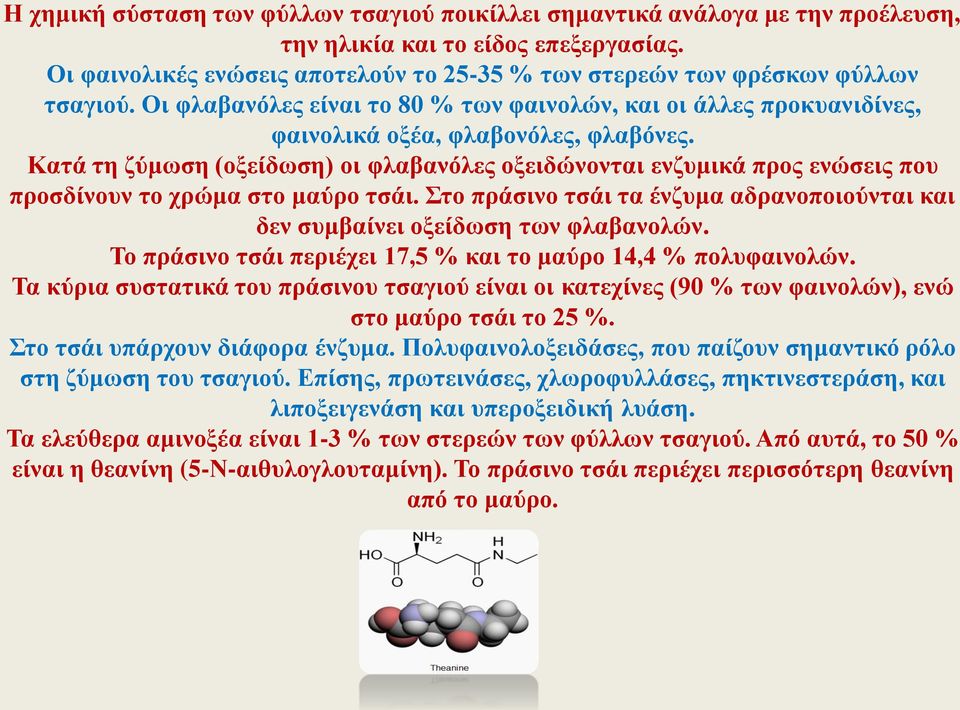 Κατά τη ζύμωση (οξείδωση) οι φλαβανόλες οξειδώνονται ενζυμικά προς ενώσεις που προσδίνουν το χρώμα στο μαύρο τσάι. Στο πράσινο τσάι τα ένζυμα αδρανοποιούνται και δεν συμβαίνει οξείδωση των φλαβανολών.