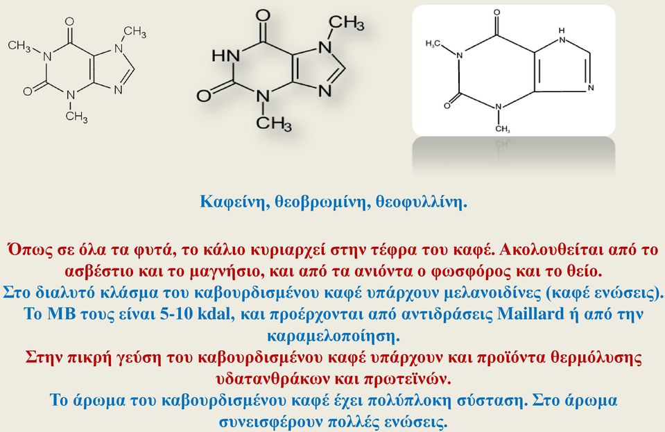 Στο διαλυτό κλάσμα του καβουρδισμένου καφέ υπάρχουν μελανοιδίνες (καφέ ενώσεις).