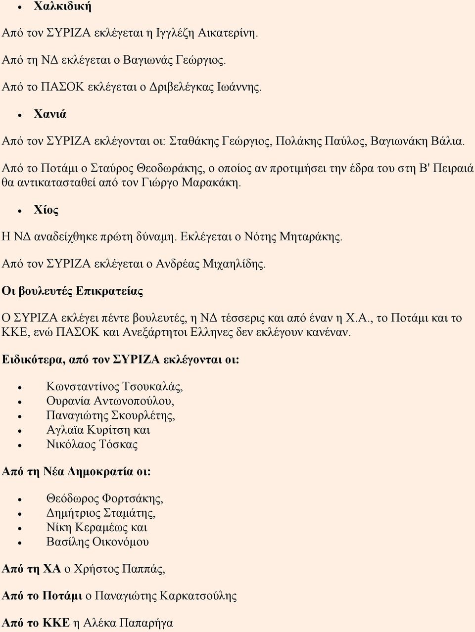 Από το Ποτάμι ο Σταύρος Θεοδωράκης, ο οποίος αν προτιμήσει την έδρα του στη Β' Πειραιά θα αντικατασταθεί από τον Γιώργο Μαρακάκη. Χίος Η ΝΔ αναδείχθηκε πρώτη δύναμη. Εκλέγεται ο Νότης Μηταράκης.