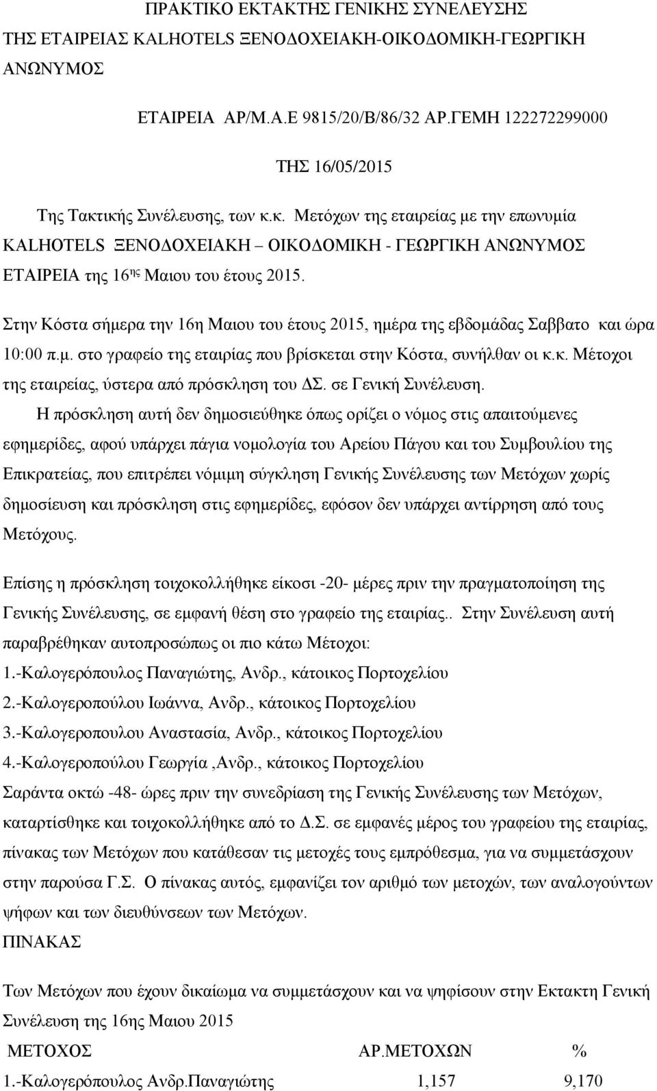 Στην Κόστα σήμερα την 16η Μαιου του έτους 2015, ημέρα της εβδομάδας Σαββατο και ώρα 10:00 π.μ. στο γραφείο της εταιρίας που βρίσκεται στην Κόστα, συνήλθαν οι κ.κ. Μέτοχοι της εταιρείας, ύστερα από πρόσκληση του ΔΣ.