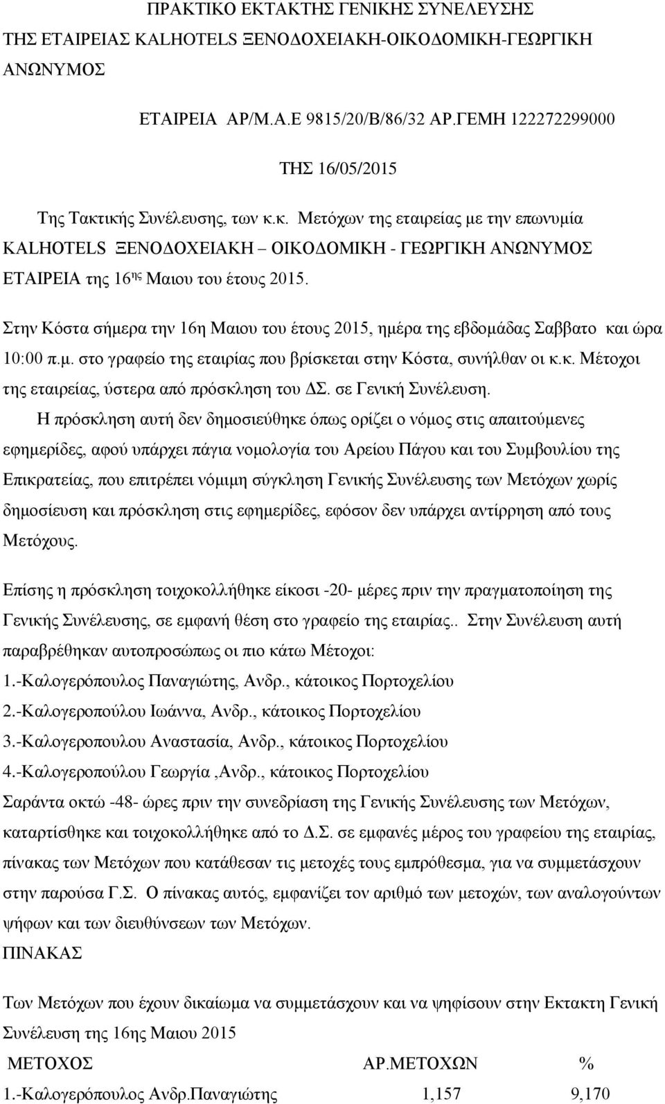 Στην Κόστα σήμερα την 16η Μαιου του έτους 2015, ημέρα της εβδομάδας Σαββατο και ώρα 10:00 π.μ. στο γραφείο της εταιρίας που βρίσκεται στην Κόστα, συνήλθαν οι κ.κ. Μέτοχοι της εταιρείας, ύστερα από πρόσκληση του ΔΣ.