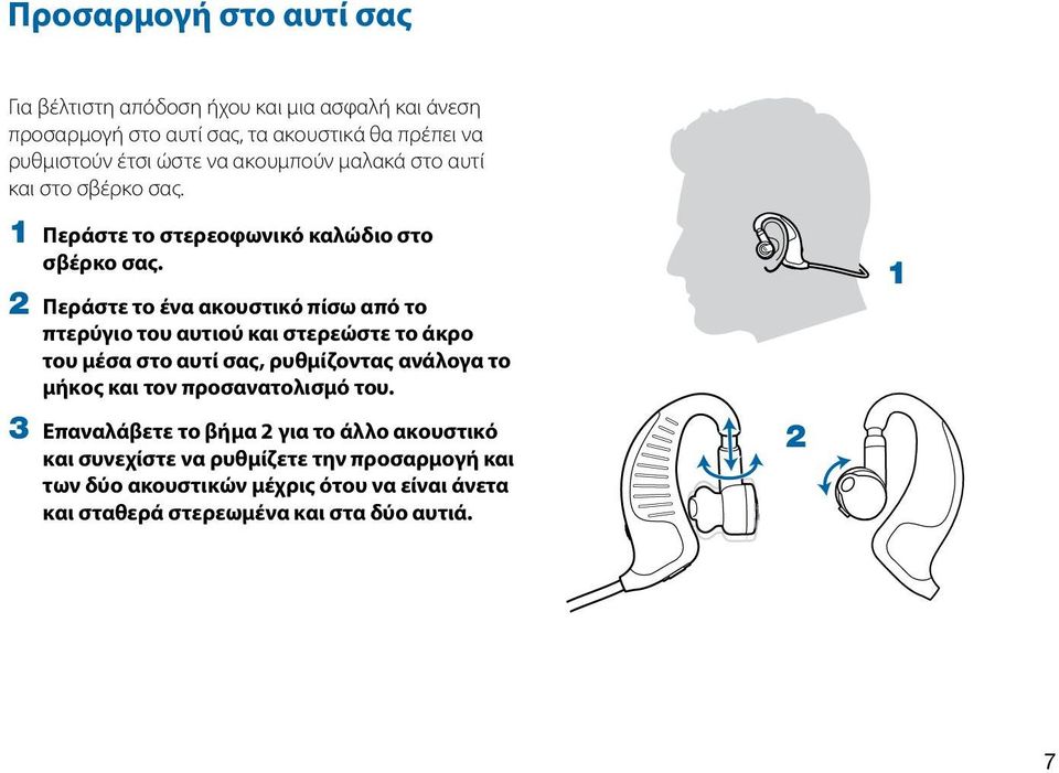 2 Περάστε το ένα ακουστικό πίσω από το πτερύγιο του αυτιού και στερεώστε το άκρο του μέσα στο αυτί σας, ρυθμίζοντας ανάλογα το μήκος και τον