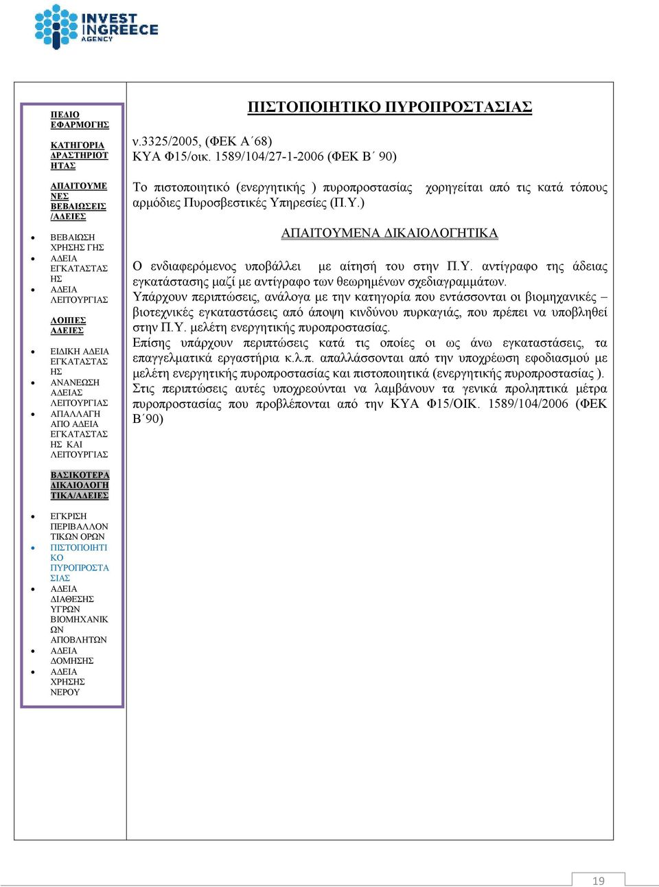 Υπάρχουν περιπτώσεις, ανάλογα µε την κατηγορία που εντάσσονται οι βιοµηχανικές βιοτεχνικές εγκαταστάσεις από άποψη κινδύνου πυρκαγιάς, που πρέπει να υποβληθεί στην Π.Υ. µελέτη ενεργητικής πυροπροστασίας.