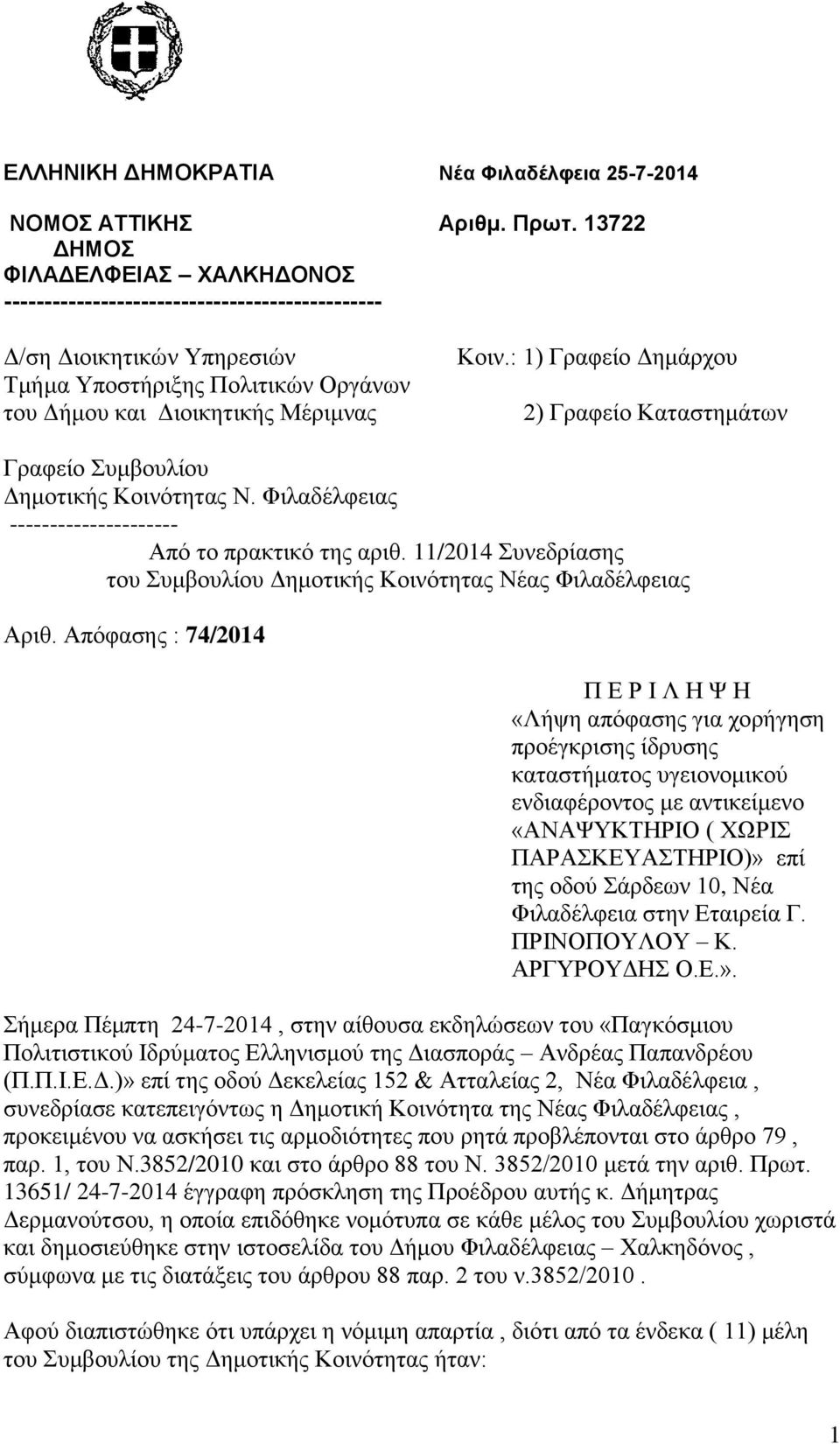 : 1) Γραφείο Δημάρχου 2) Γραφείο Καταστημάτων Γραφείο Συμβουλίου Δημοτικής Κοινότητας Ν. Φιλαδέλφειας --------------------- Από το πρακτικό της αριθ.