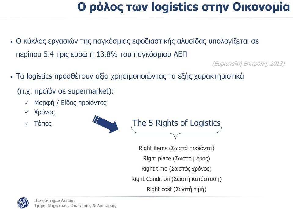 8% του παγκόσμιου ΑΕΠ (Ευρωπαϊκή Επιτροπή, 2013) Τα logistics προσθέτουν αξία χρησιμοποιώντας τα εξής χαρακτηριστικά (π.