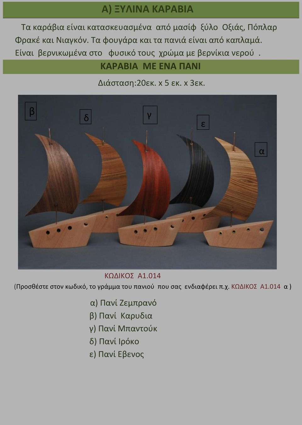 ΚΑΡΑΒΙΑ ΜΕ ΕΝΑ ΠΑΝΙ Διάσταση:20εκ. x 5 εκ. x 3εκ. β δ γ 0 ε α ΚΩΔΙΚΟΣ Α1.
