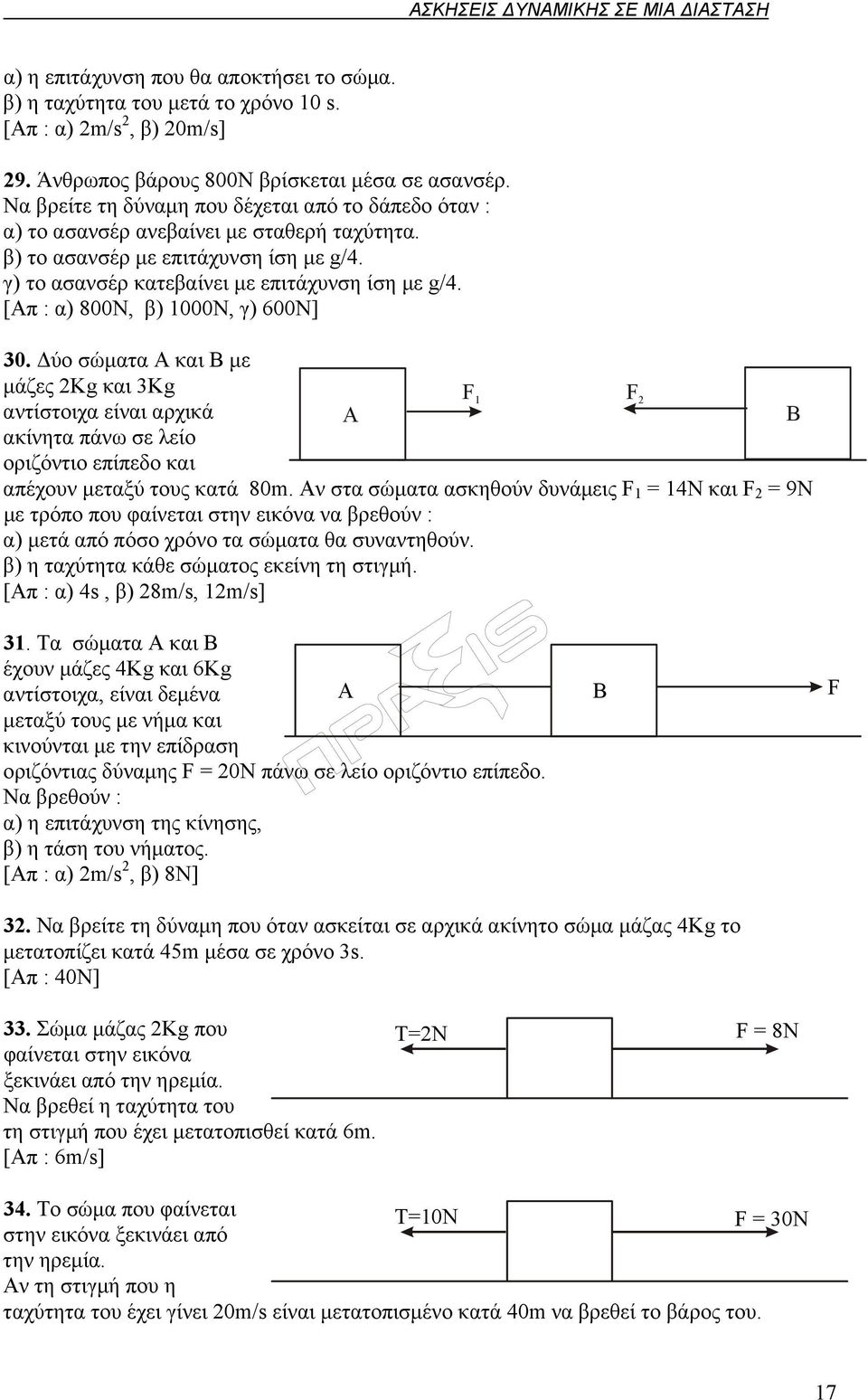 [Απ : α) 800Ν, β) 1000Ν, γ) 600Ν] 30. Δύο σώματα Α και Β με μάζες 2Kg και 3Kg F 1 F 2 αντίστοιχα είναι αρχικά Α Β ακίνητα πάνω σε λείο οριζόντιο επίπεδο και απέχουν μεταξύ τους κατά 80m.