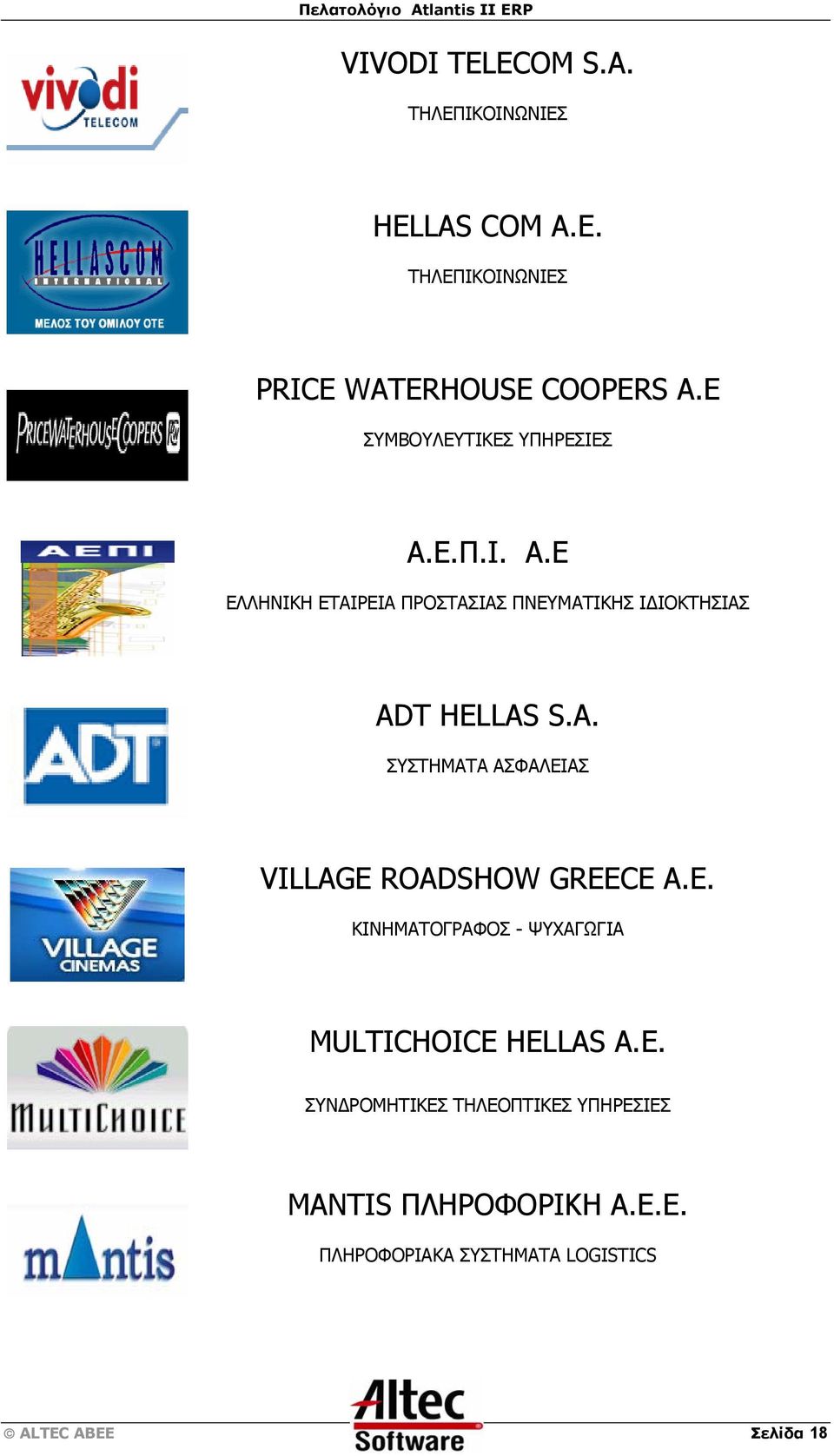 A. ΣΥΣΤΗΜΑΤΑ ΑΣΦΑΛΕΙΑΣ VILLAGE ROADSHOW GREECE Α.Ε. ΚΙΝΗΜΑΤΟΓΡΑΦΟΣ - ΨΥΧΑΓΩΓΙΑ MULTICHOICE HELLAS Α.Ε. ΣΥΝΔΡΟΜΗΤΙΚΕΣ ΤΗΛΕΟΠΤΙΚΕΣ ΥΠΗΡΕΣΙΕΣ MANTIS ΠΛΗΡΟΦΟΡΙΚΗ Α.