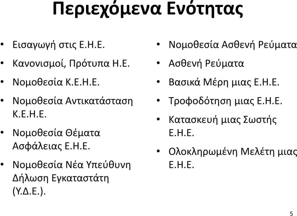 Νομοθεσία Ασθενή Ρεύματα Ασθενή Ρεύματα Βασικά Μέρη μιας Ε.Η.Ε. Τροφοδότηση μιας Ε.Η.Ε. Κατασκευή μιας Σωστής Ε.