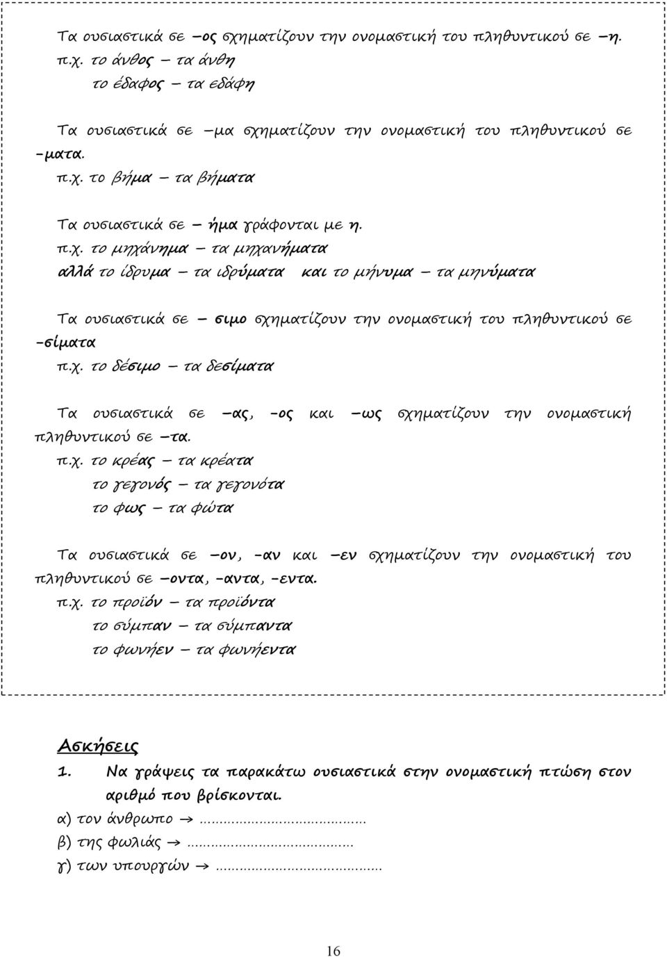 π.χ. το κρέας τα κρέατα το γεγονός τα γεγονότα το φως τα φώτα Τα ουσιαστικά σε ον, -αν και εν σχηµατίζουν την ονοµαστική του πληθυντικού σε οντα, -αντα, -εντα. π.χ. το προϊόν τα προϊόντα το σύµπαν τα σύµπαντα το φωνήεν τα φωνήεντα Ασκήσεις 1.