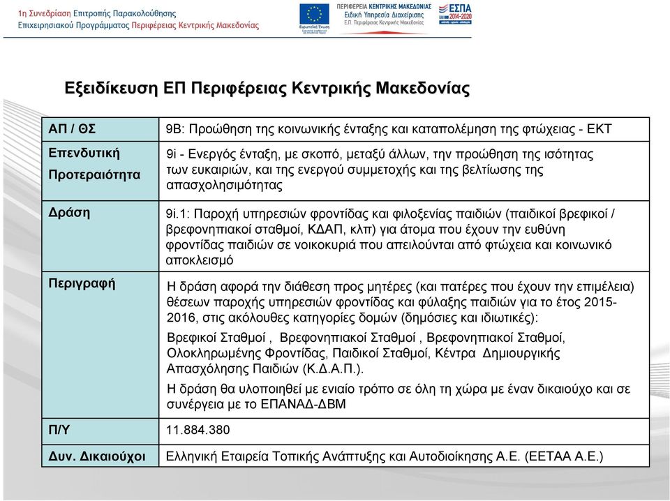 1: Παροχή υπηρεσιών φροντίδας και φιλοξενίας παιδιών (παιδικοί βρεφικοί / βρεφονηπιακοί σταθμοί, ΚΔΑΠ, κλπ) για άτομα που έχουν την ευθύνη φροντίδας παιδιών σε νοικοκυριά που απειλούνται από φτώχεια