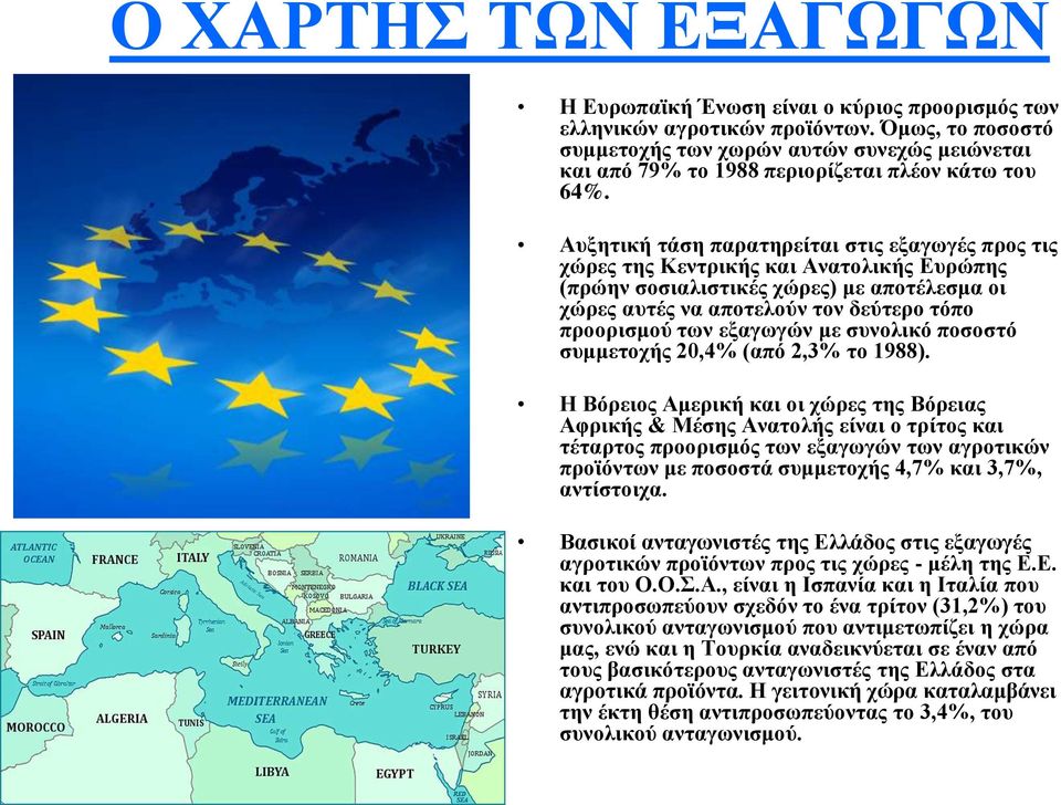 Αυξητική τάση παρατηρείται στις εξαγωγές προς τις χώρες της Κεντρικής και Ανατολικής Ευρώπης (πρώην σοσιαλιστικές χώρες) με αποτέλεσμα οι χώρες αυτές να αποτελούν τον δεύτερο τόπο προορισμού των