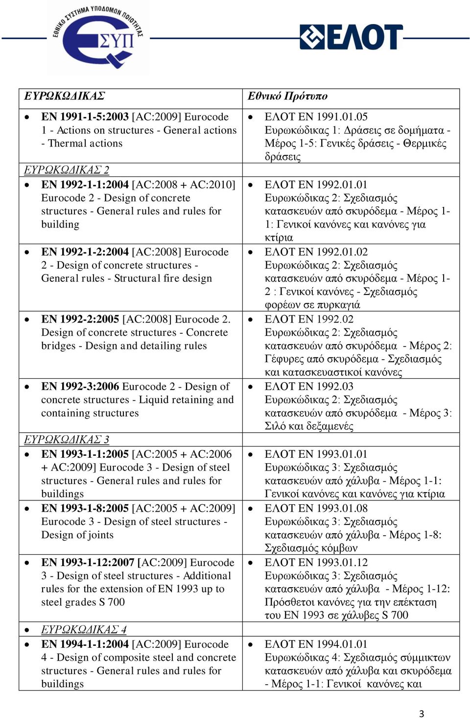 Design of concrete structures - Concrete bridges - Design and detailing rules EN 1992-3:2006 Eurocode 2 - Design of concrete structures - Liquid retaining and containing structures ΕΥΡΩΚΩΔΙΚΑΣ 3 EN