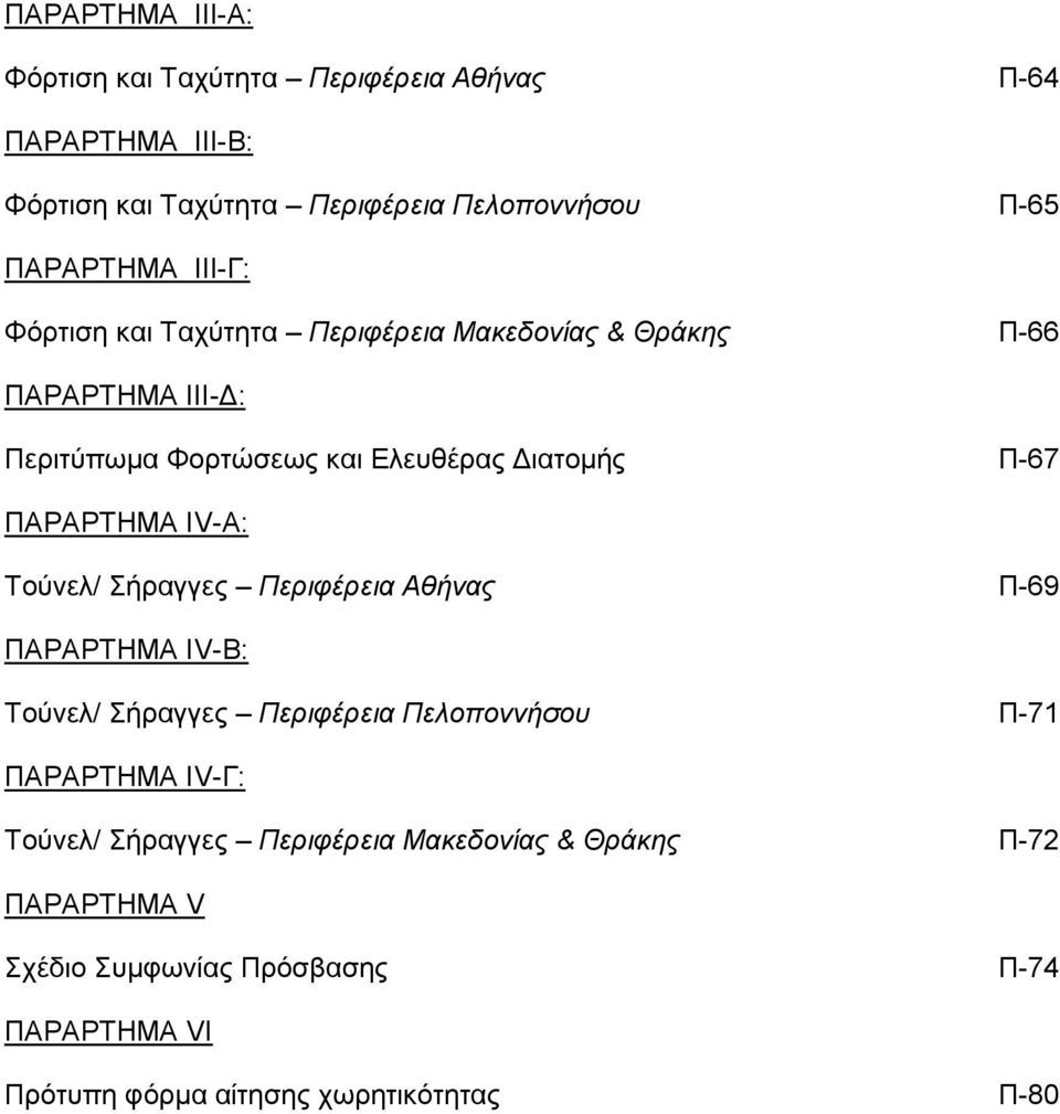 ΠΑΡΑΡΤΗΜΑ ΙV-Α: Τούνελ/ Σήραγγες Περιφέρεια Αθήνας Π-69 ΠΑΡΑΡΤΗΜΑ ΙV-Β: Τούνελ/ Σήραγγες Περιφέρεια Πελοποννήσου Π-71 ΠΑΡΑΡΤΗΜΑ ΙV-Γ: