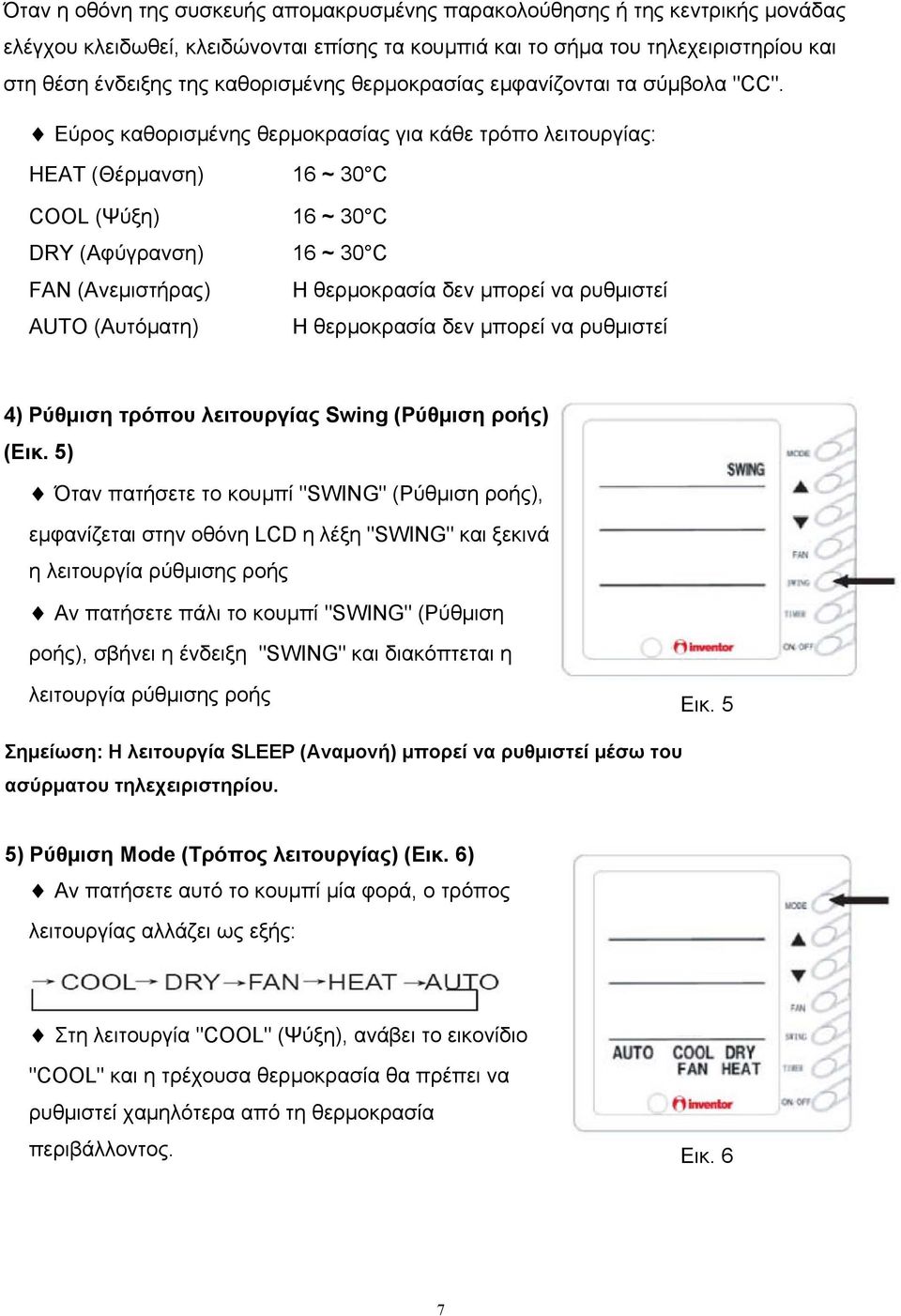 Εύρος καθορισμένης θερμοκρασίας για κάθε τρόπο λειτουργίας: HEAT (Θέρμανση) 16 ~ 30 C COOL (Ψύξη) 16 ~ 30 C DRY (Αφύγρανση) 16 ~ 30 C FAN (Ανεμιστήρας) AUTO (Αυτόματη) Η θερμοκρασία δεν μπορεί να