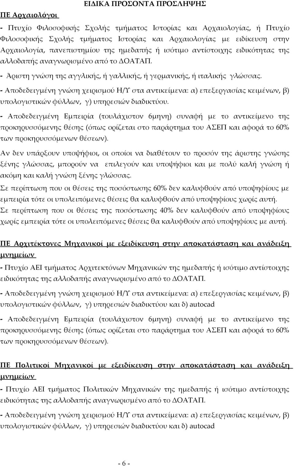 - Αποδεδειγμένη γνώση χειρισμού Η/Υ στα αντικείμενα: α) επεξεργασίας κειμένων, β) υπολογιστικών φύλλων, γ) υπηρεσιών διαδικτύου.