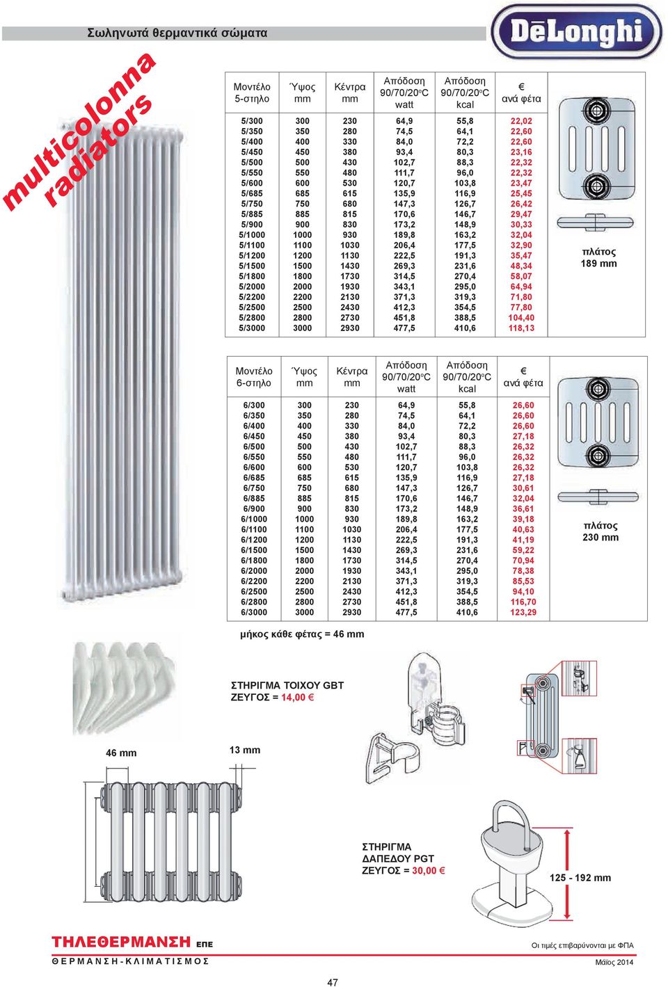 Απόδοση 90/70/20 ο C watt 64,9 74,5 84,0 93,4 2,7 111,7 120,7 135,9 147,3 170,6 173,2 189,8 206,4 222,5 269,3 314,5 343,1 371,3 412,3 451,8 477,5 Απόδοση 90/70/20 ο C kcal 55,8 64,1 72,2 80,3 88,3