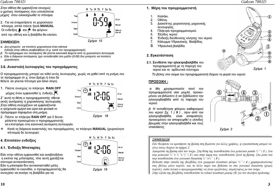Δεν μπορείτε να ποτίσετε χειροκίνητα όταν κάποια ένδειξη στην οθόνη αναβοσβήνει (π.χ. κατά τον προγραμματισμό). β. Το πρόγραμμα του ποτίσματος θα γίνεται κανονικά άσχετα από τη χειροκίνητη λειτουργία.
