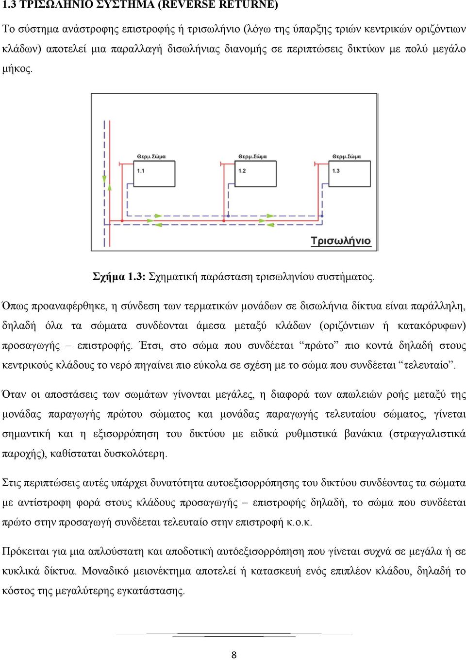 Όπως προαναφέρθηκε, η σύνδεση των τερματικών μονάδων σε δισωλήνια δίκτυα είναι παράλληλη, δηλαδή όλα τα σώματα συνδέονται άμεσα μεταξύ κλάδων (οριζόντιων ή κατακόρυφων) προσαγωγής επιστροφής.