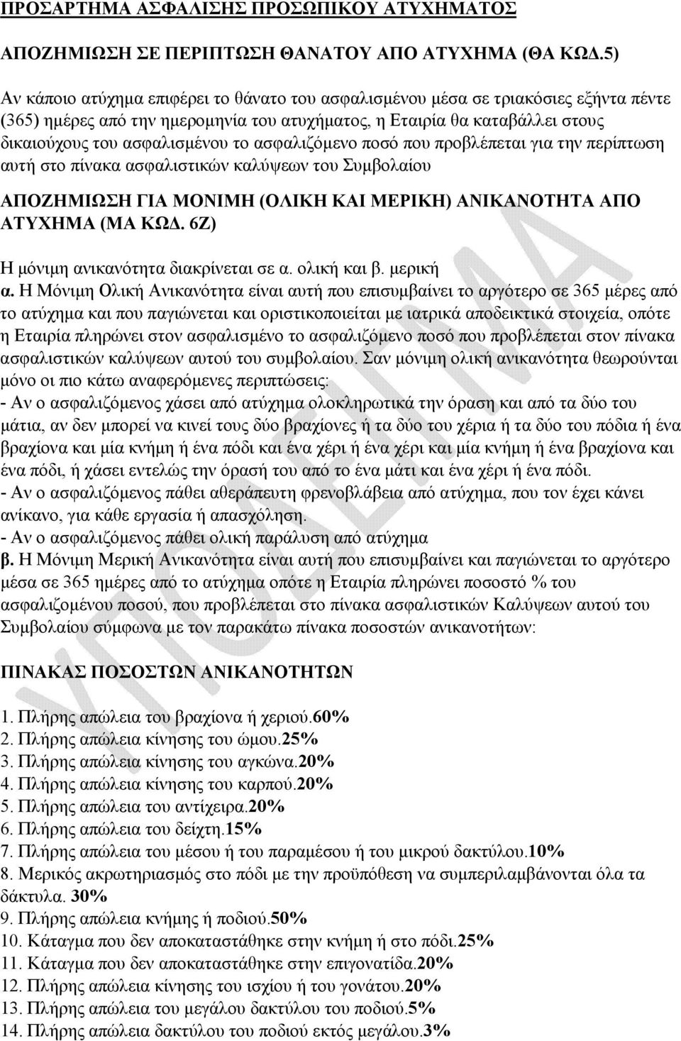 ασφαλιζόµενο ποσό που προβλέπεται για την περίπτωση αυτή στο πίνακα ασφαλιστικών καλύψεων του Συµβολαίου ΑΠΟΖΗΜΙΩΣΗ ΓΙΑ ΜΟΝΙΜΗ (ΟΛΙΚΗ ΚΑΙ ΜΕΡΙΚΗ) ΑΝΙΚΑΝΟΤΗΤΑ ΑΠΟ ΑΤΥΧΗΜΑ (MA ΚΩ.