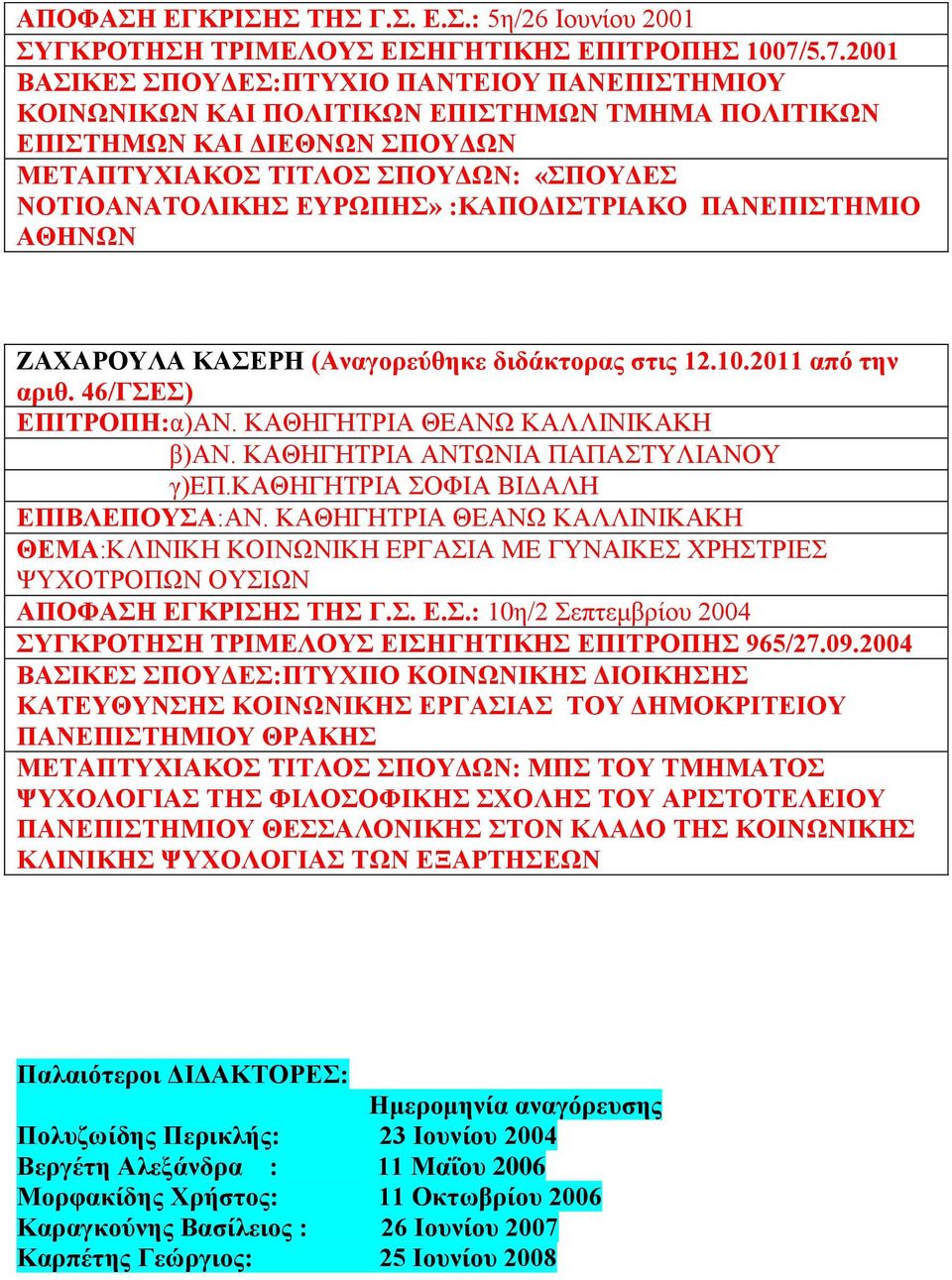 :ΚΑΠΟΔΙΣΤΡΙΑΚΟ ΠΑΝΕΠΙΣΤΗΜΙΟ ΑΘΗΝΩΝ ΖΑΧΑΡΟΥΛΑ ΚΑΣΕΡΗ (Αναγορεύθηκε διδάκτορας στις 12.10.2011 από την αριθ. 46/ΓΣΕΣ) ΕΠΙΤΡΟΠΗ:α)ΑΝ. ΚΑΘΗΓΗΤΡΙΑ ΘΕΑΝΩ ΚΑΛΛΙΝΙΚΑΚΗ β)αν.