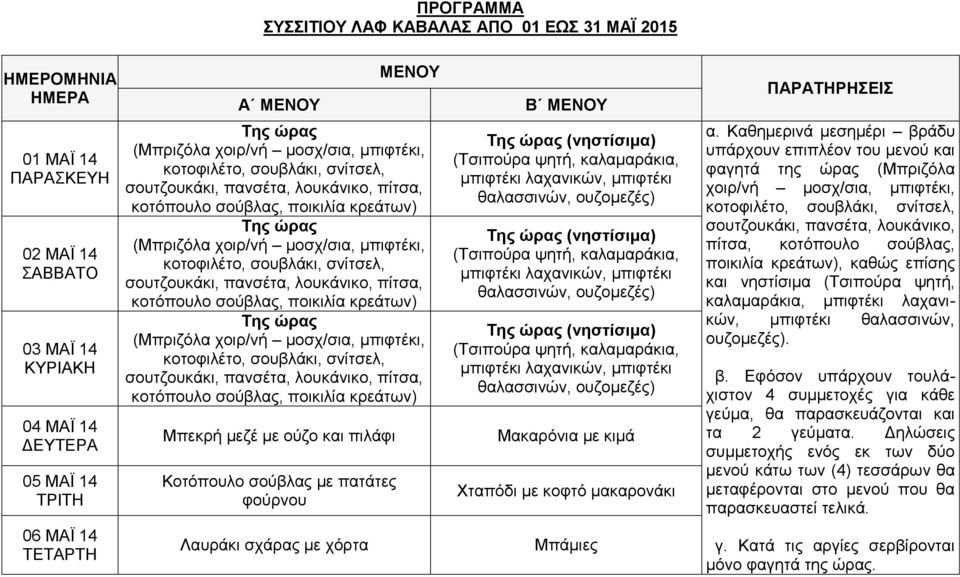 Καθημερινά μεσημέρι βράδυ υπάρχουν επιπλέον του μενού και φαγητά της ώρας (Μπριζόλα χοιρ/νή μοσχ/σια, μπιφτέκι, σουτζουκάκι, πανσέτα, λουκάνικο, πίτσα, κοτόπουλο σούβλας, ποικιλία κρεάτων), καθώς