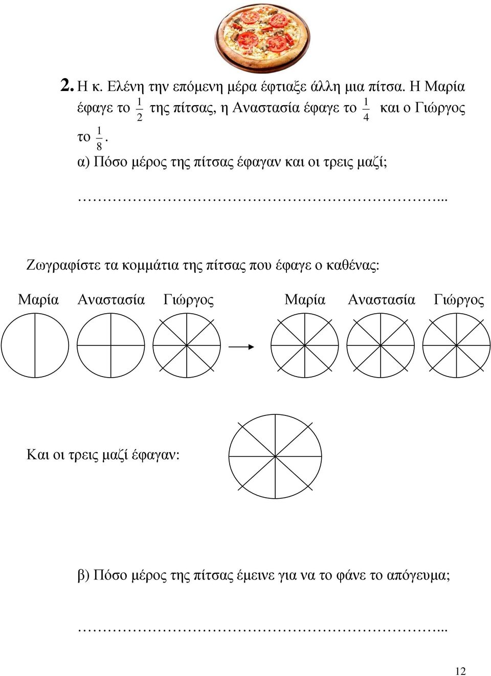 α) Πόσο μέρος της πίτσας έφαγαν και οι τρεις μαζί;.