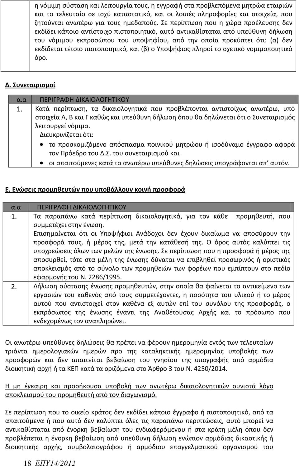 εκδίδεται τέτοιο πιστοποιητικό, και (β) ο Υποψήφιος πληροί το σχετικό νομιμοποιητικό όρο. Δ. Συνεταιρισμοί α.α ΠΕΡΙΓΡΑΦΗ ΔΙΚΑΙΟΛΟΓΗΤΙΚΟΥ 1.