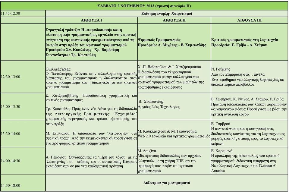 Κωστούλη Κριτικός γραµµατισµός στη λογοτεχνία Προεδρείο: Ε. Γρίβα - Α. Στάµου 12:30-13:00 Χ.-Π. Βαϊοπούλου & Ι. Χατζηκυριάκου Οµιλητές/τριες: Φ.