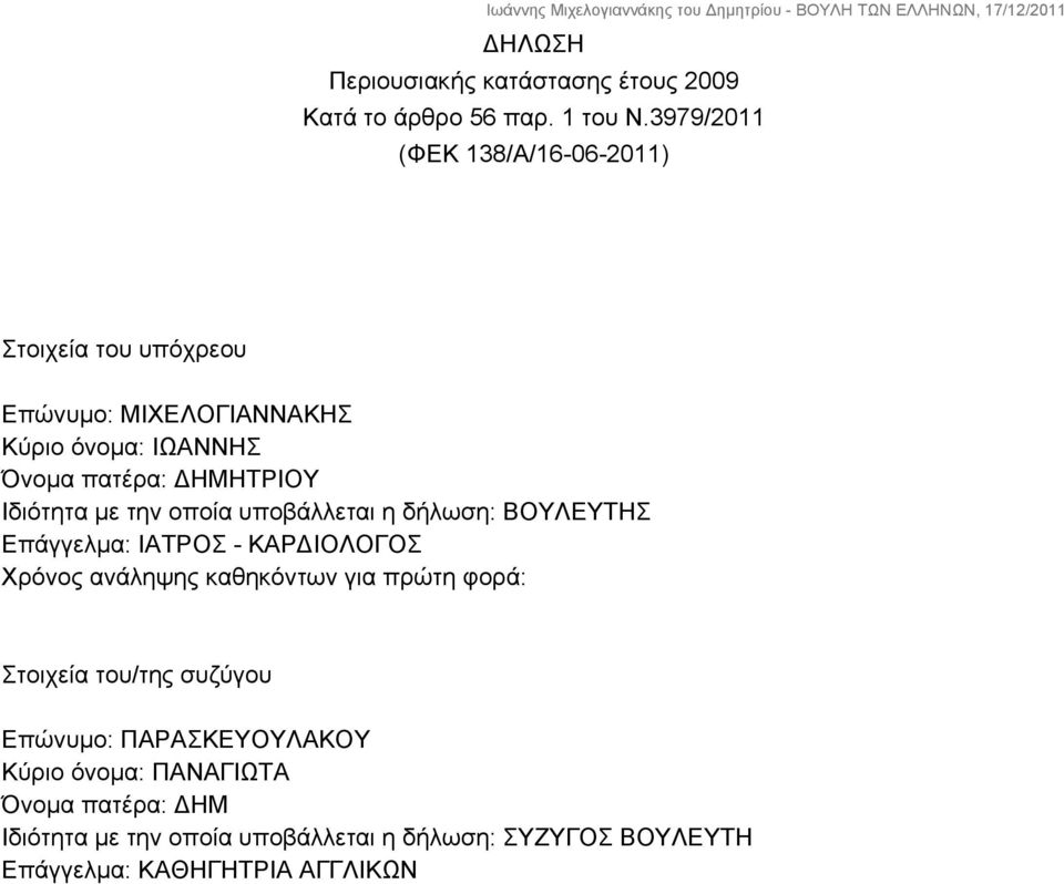 Ιδιότητα με την οποία υποβάλλεται η δήλωση: ΒΟΥΛΕΥΤΗΣ Επάγγελμα: ΙΑΤΡΟΣ - ΚΑΡΔΙΟΛΟΓΟΣ Χρόνος ανάληψης καθηκόντων για πρώτη