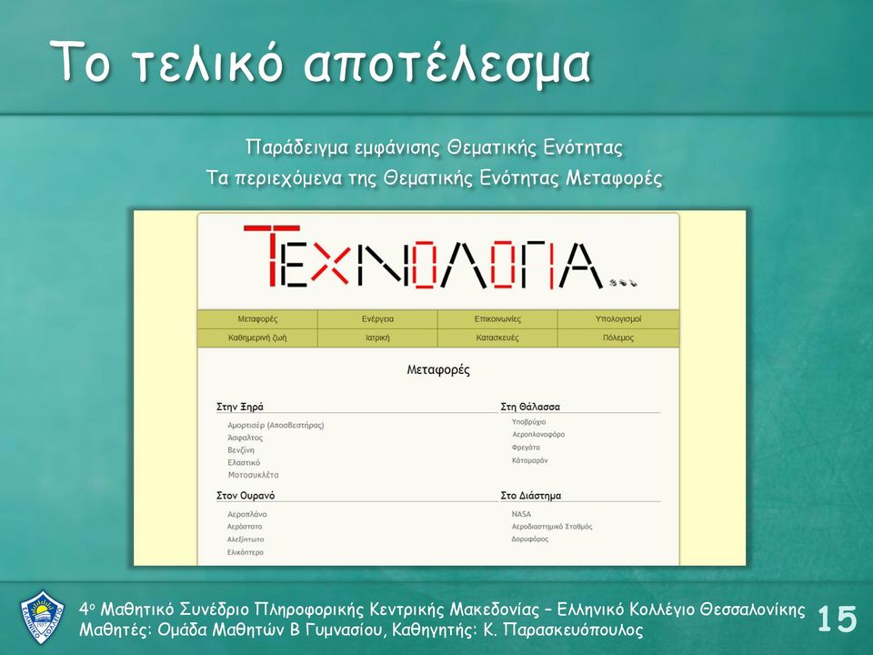 Θεματικής Ενότητας Μεταφορές Μαθητές: Ομάδα