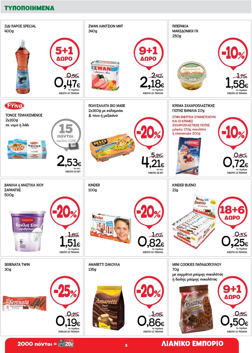 ΖΑΧΑΡΟΠΛΑΣΤΙΚΗΣ ΓΙΩΤΗΣ μιλφέιγ 170g, σοκολάτα ή cheesecake 200g 2,53 ΚΙΒΩΤΙΟ 24 ΣΕΤ 5,26 4,21 ΚΙΒΩΤΙΟ 18 ΣΕΤ 0,80 0,72 ΚΙΒΩΤΙΟ 12 ΤΕΜΑΧΙΑ ΒΑΝΙΛΙΑ ή ΜΑΣΤΙΧΑ ΧΙΟΥ ΣΑΡΑΝΤΗΣ 500g ΚΙΝDER 100g KINDER BUENO