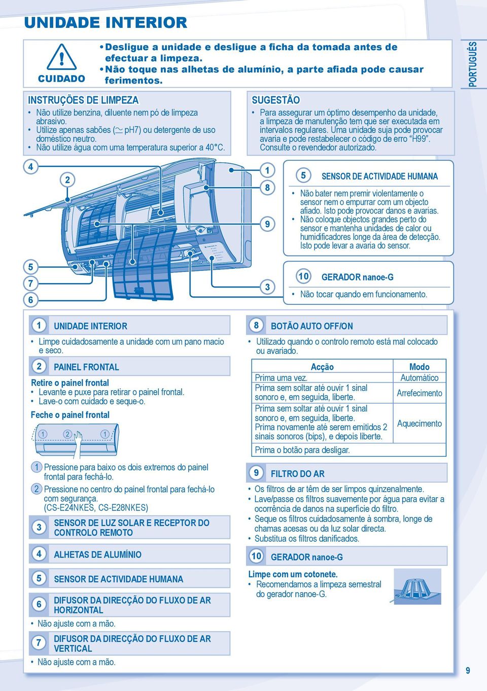 Não utilize água com uma temperatura superior a 40 C. SUGESTÃO Para assegurar um óptimo desempenho da unidade, a limpeza de manutenção tem que ser executada em intervalos regulares.